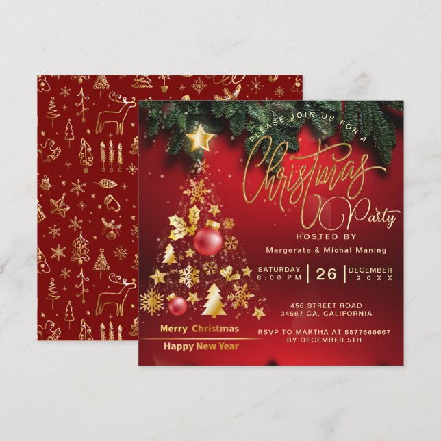 Invitación Fiesta de árbol de Navidad presupuestado Golden y  (Anverso / Reverso)