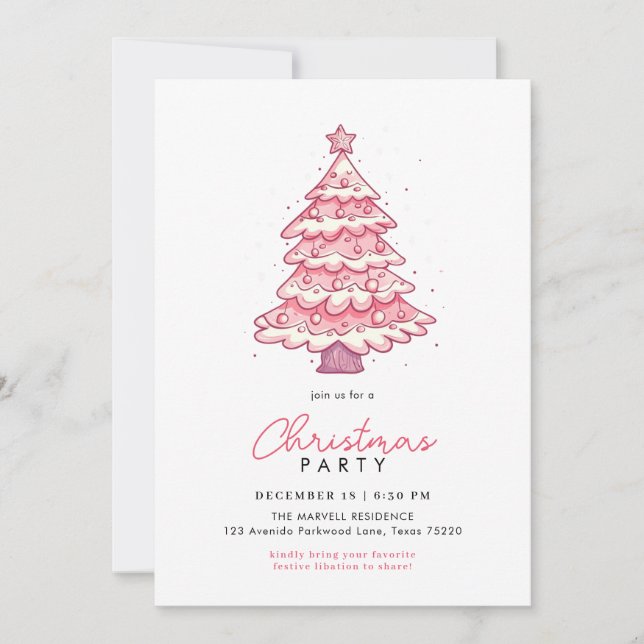 Invitación Fiesta de árbol de navidad rosa festivo moderno (Anverso)