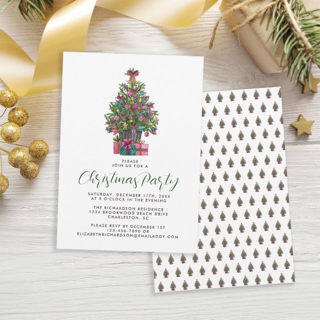 Invitación Fiesta de árbol de navidad rosado y caprichoso (Festive Pink Whimsical Christmas Tree Party Invitation)