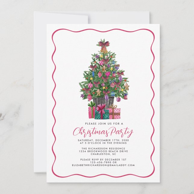 Invitación Fiesta de árbol navideño rosado festivo (Anverso)