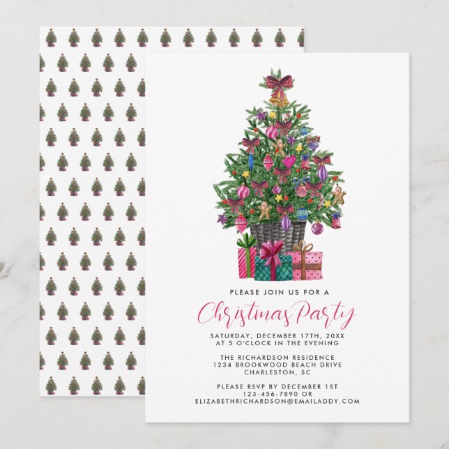 Invitación Fiesta de árbol navideño rosado festivo (Anverso / Reverso)