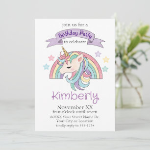 Invitación Fiesta de arcoíris pastel lindo y unicornio brilla