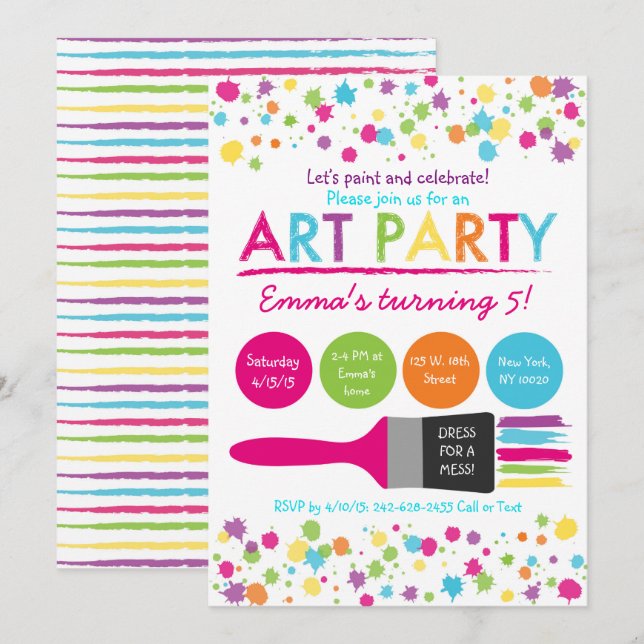 Invitación Fiesta de arte arcoiris Cumpleaños (Anverso / Reverso)
