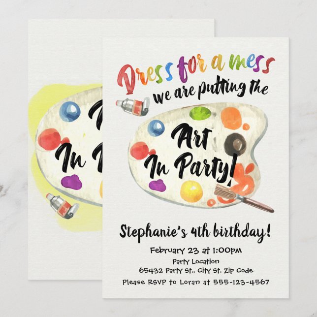 Invitación Fiesta de arte, cumpleaños (Anverso / Reverso)