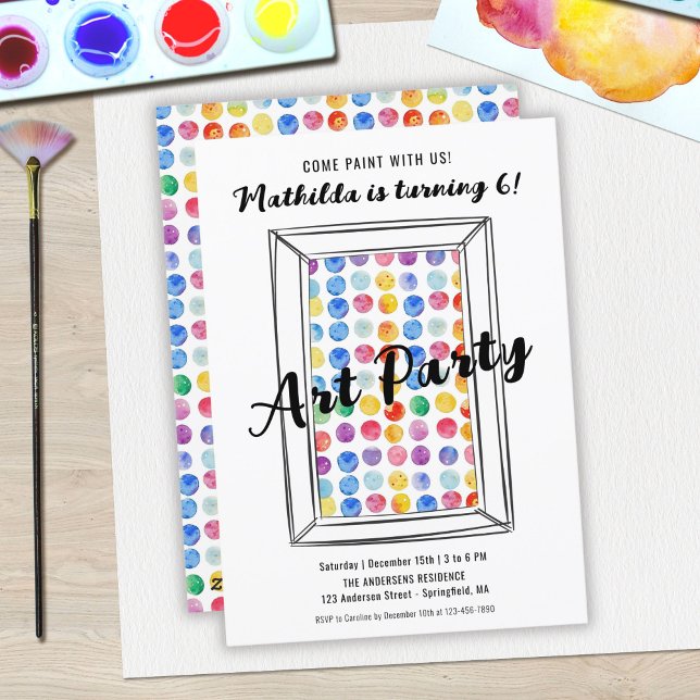 Invitación Fiesta de Arte Cumpleaños Lunares Arcoíris (Art Party Rainbow Polka Dots Birthday Bash Invitation)