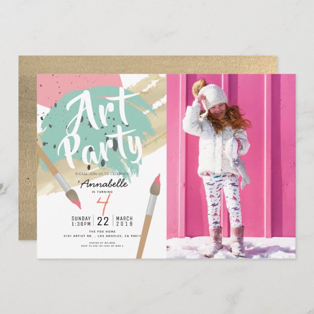 Invitación Fiesta de arte de pintura Chica moderno foto cumpl (Anverso / Reverso)