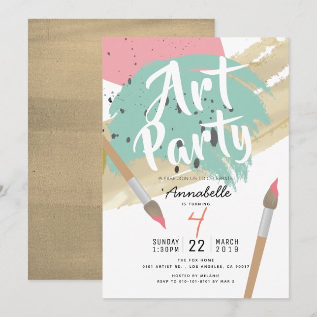 Invitación Fiesta de arte de pintura Chica moderno y elegante (Anverso / Reverso)