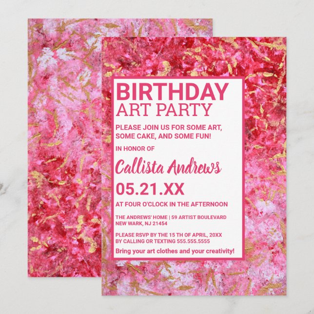 Invitación Fiesta de arte de pintura rosada rosada de oro roj (Anverso / Reverso)