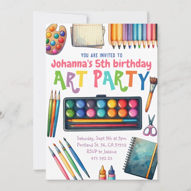 Invitación Fiesta de arte pintando a artistas niños cumpleaño (Anverso)