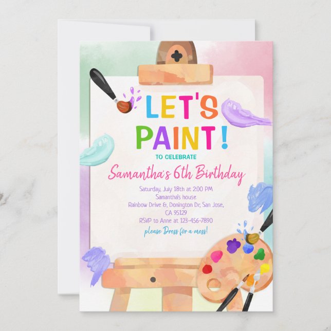 Invitación Fiesta de arte pintando Chica del partido de cumpl (Anverso)