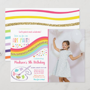 Invitación Fiesta De Arte Rainbow De Oro Vestido Para Un Cump