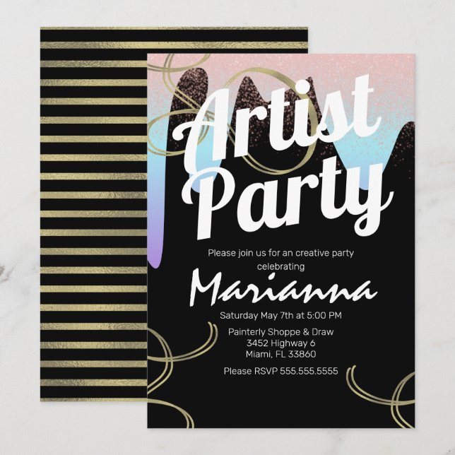 Invitación Fiesta de Artista Brillo de Papel de Estaño Falso  (Anverso / Reverso)