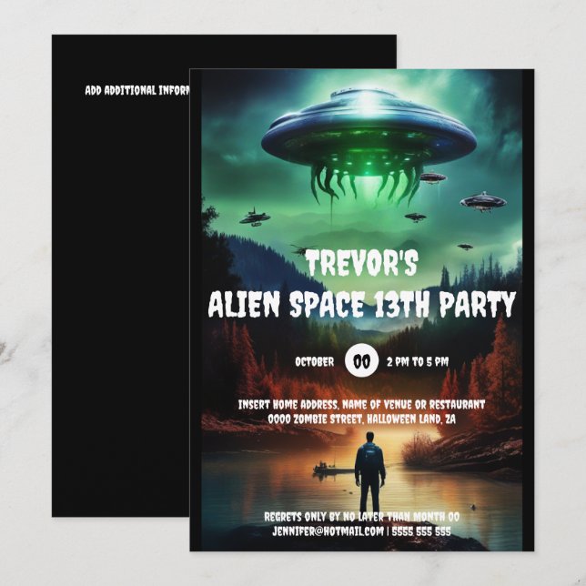 Invitación Fiesta de aventuras de cumpleaños de UFO alienígen (Anverso / Reverso)