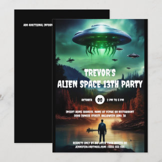 Invitación Fiesta de aventuras de cumpleaños de UFO alienígen