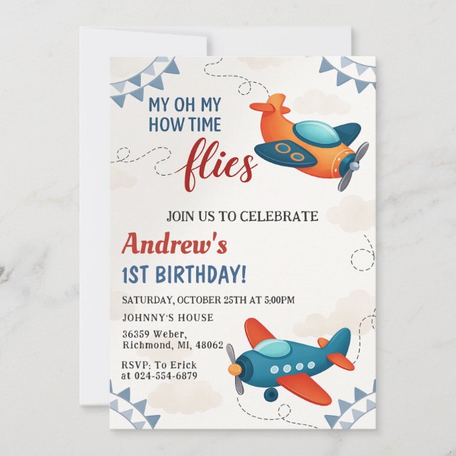 Invitación Fiesta de avión de chico personal cumple 1 año (Anverso)