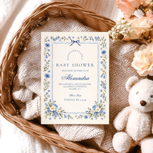 Invitación Fiesta de Baby en Flor de Porcelana Azul para Bebé