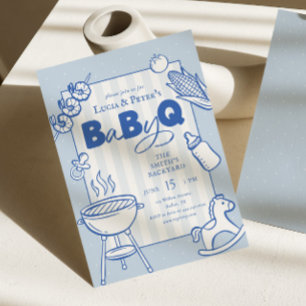 Invitación Fiesta de Baby-Q con lunares azules para parejas y