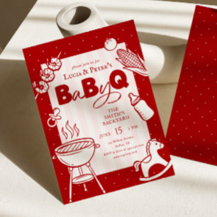 Invitación Fiesta de Baby-Q con lunares rosados y rojos para