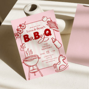 Invitación Fiesta de Baby-Q de lunares rosados y rojos para l