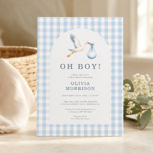 Invitación Fiesta de Baby Shower a Cuadros Azules Oh Boy Stor