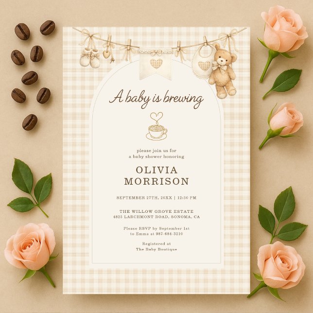 Invitación Fiesta de Baby Shower a Cuadros de Café: El Bebé e (Subido por el creador)