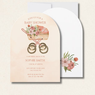 Invitación Fiesta de Baby Shower Acuarela Floral Carruaje Chi