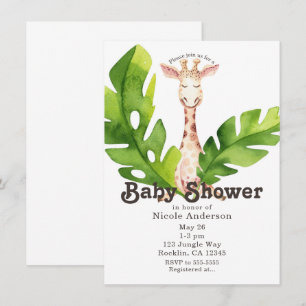 Invitación Fiesta de Baby Shower Acuarela Jirafa de la Jungla