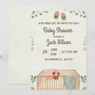 Invitación Fiesta de Baby Shower Acuarela Verde y Marrón Mono