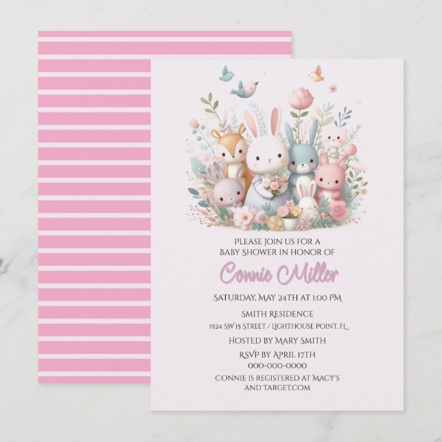 Invitación Fiesta de Baby Shower Animales del Bosque Rosa Pas (Anverso / Reverso)