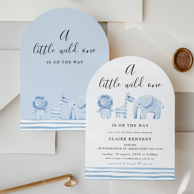 Invitación Fiesta de Baby Shower Arco Moderno Azul Safari Wil (Modern Boys Arch Safari Wild One Baby Shower Invitation, Safari Animals, A Wild One Is On The Way)
