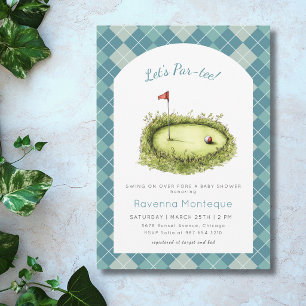 Invitación Fiesta de Baby Shower Azul Argyle de Golf Lets Par