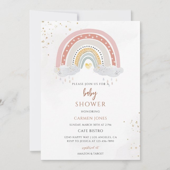 Invitación Fiesta de Baby Shower Boho Arcoíris (Anverso)