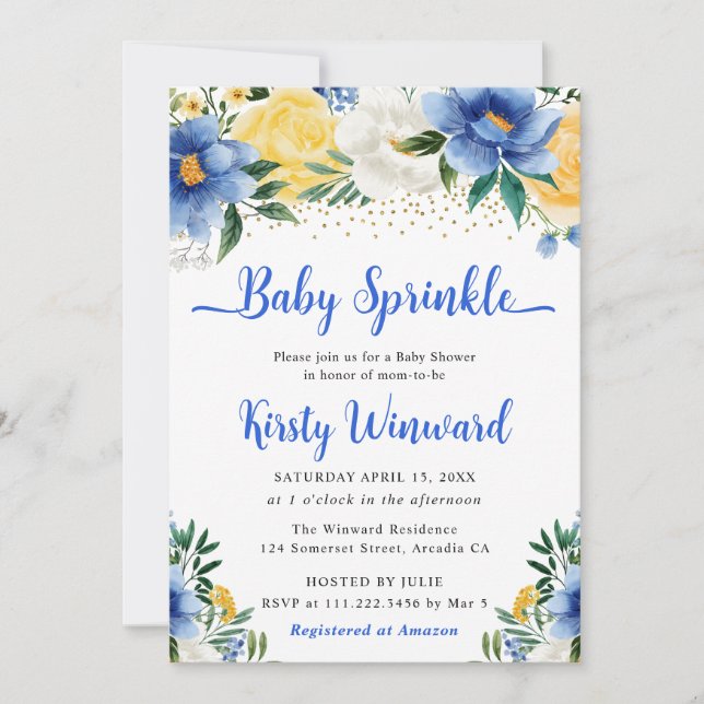 Invitación Fiesta de Baby Shower Boho Azul y Flores Amarillas (Anverso)