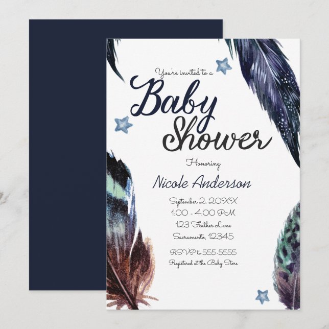 Invitación Fiesta de Baby Shower Boho Bohemio Rústico Plumas  (Anverso / Reverso)