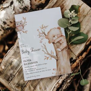Invitación Fiesta de Baby Shower Boho Bosque Oso y Árbol