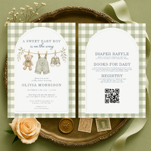 Invitación Fiesta de Baby Shower Boho Verde Menta a Cuadros T