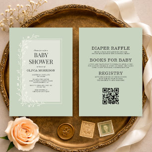 Invitación Fiesta de Baby Shower Botánico Floral Verde Sage T
