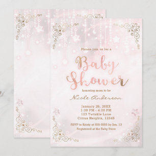 Invitación Fiesta de Baby Shower Brillo Celestial Rosa y Dora