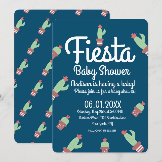 Invitación Fiesta de Baby Shower con Borde de Cactus Moderno (Anverso / Reverso)