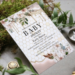 Invitación Fiesta de Baby Shower con Brillo y Flores de Mármo