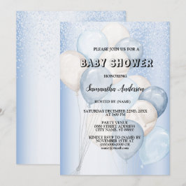 Invitación Fiesta de Baby Shower con globos azules y blancos 