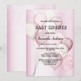 Invitación Fiesta de Baby Shower con globos rosados y blancos