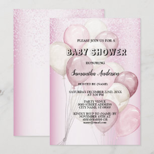 Invitación Fiesta de Baby Shower con globos rosados y blancos