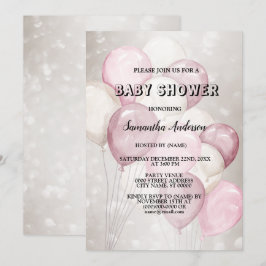 Invitación Fiesta de Baby Shower con globos rosados y blancos