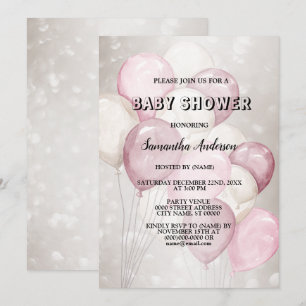 Invitación Fiesta de Baby Shower con globos rosados y blancos