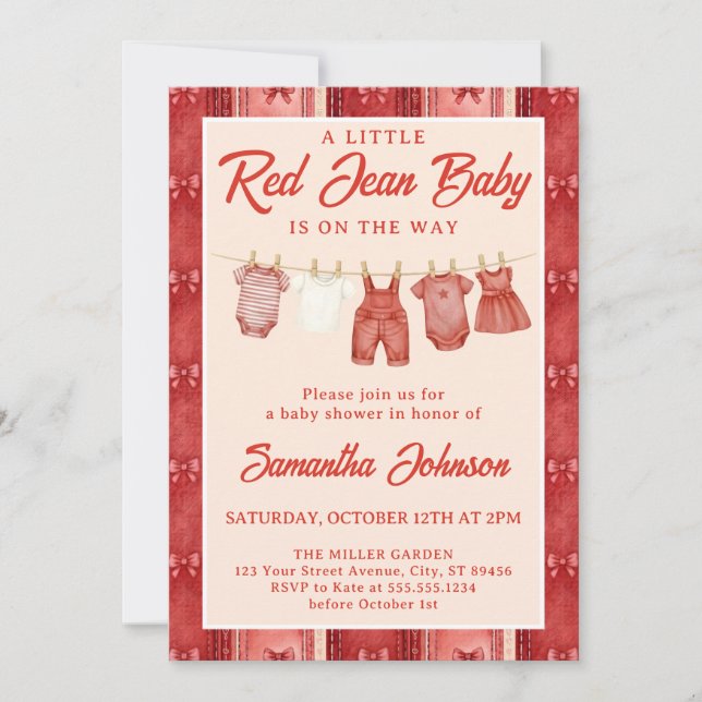 Invitación Fiesta de Baby Shower con Jean Rojo (Anverso)