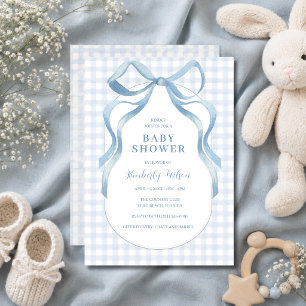 Invitación Fiesta de Baby Shower con lazo de cinta azul a cua