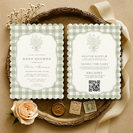 Invitación Fiesta de Baby Shower con Lazo Floral de Gingham T