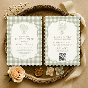 Invitación Fiesta de Baby Shower con Lazo Floral de Gingham T