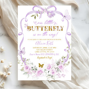 Invitación Fiesta de Baby Shower con Lazo Floral Púrpura y Ma